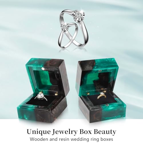 Wedding Ring Box, Engagement Ring Box with Single Slot Handcrafted Stabilized Wood and Resin Jewelry Box for Proposal Wedding Ceremony, Jewelry Organizer Elegant and Retro Ring Holder Box(Green) Black