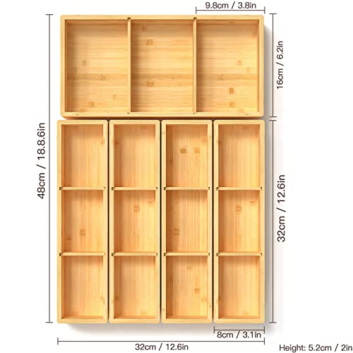DUJEN 5 pieces Bamboo Drawer Organizer, Adjustable 3 Individual Junk Drawer organizer for Bathroom and Kitchen, Wood Drawer Organier Boxes for Jewellery, Make up and Tea Bag 1 piece 12.5X6.2 & 4 pieces 12.5X3.1