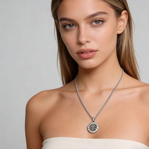HZMAN Saint Christopher Necklace for Men Women Stainless Steel Round Retro Religious Medal Amulet Pendant Jewelry Gift