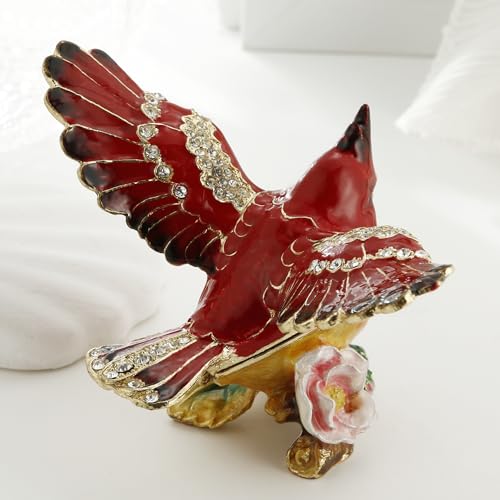 Hand Painted Enamel Cardinal Trinket Box for Home Decor, Unique Keepsake Collectible Figurine Jewelry Organizer Storage, Personalized Elegant Handmade Statue Decorative Ornament Gifts (Red Cardinal) Red Cardinal