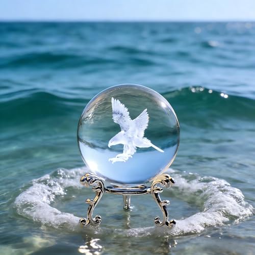 AB-21 3D Laser Engraved Eagle Crystal Ball with Metal Stand - Desktop Decor for Astronomy Enthusiasts - Premium Optical Crystal Sculpture White12