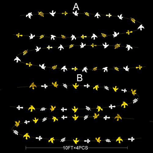 40Ft Gold and White Peace Doves Olive Leaf Cross Paper Garland Streamer for Spring Wedding Bridal Shower Birthday Engagement First Holy Communion Religious Christian Baptism Tea Party Decorations Gold Dove