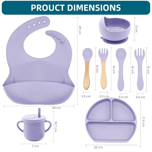 100% Silicone Baby Feeding Set,BPA Free Baby Dishes Set with Suction Bowl Divided Plate,Toddler Self Feeding Dish Set with Spoons Forks Sippy Cup and Bib, Baby Eating Utensils(Purple) Purple