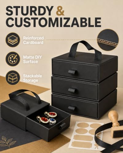 12 Pcs Drawer Jewelry Box for Necklaces, Black Kraft Paper Gift Boxes for Jewelry Packaging, Small Pull Out Box with Sponge Velvet Pad, Bulk Gift Boxes for Small Business, Crafts (4"x4") (Black)