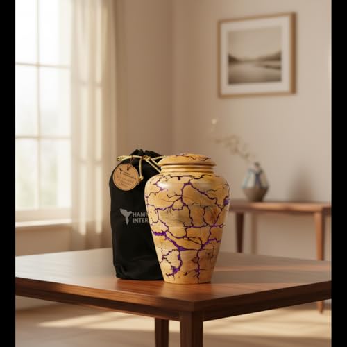 Wooden Cremation Urn for Human Ashes Adult – Premium Handcrafted Funeral Urn Box for Burial, Funeral & Home Memorial | Durable Keepsake Memorial Urn with Purple Resin Accent, 30 cu in