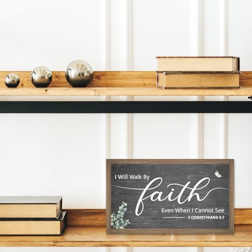 I Will Walk By Faith Wooden Box Sign Decor,2 Corinthians 5:7 Scripture Religious 10.3x6 Inches Wood Block Prayer Sign for Christian Home Office Shelf Wall Decor 2 Corinthians 5:7