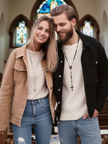 FaithHeart Rosary Beads Catholic Necklace for Women Saint Christopher/Michael/Virgin Mary Pendant Stainless Steel Crucifix Cross Charm Extra Long Chain Christian Amulet (6 Colours) 02.silver-christopher