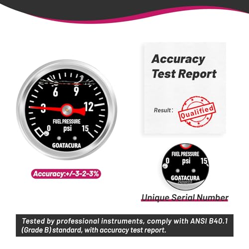 GOATACURA 0-15 PSI glycerin-filled fuel pressure gauge with black dial and 304 stainless steel case