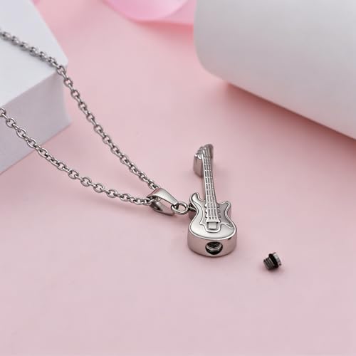 Guitar Cremation Jewelry for Ashes, Stainless Steel Guitar Shaped Urn Necklace for Men Women, Music Memorial Keepsake Pendant with Screw-Thread Chamber for Loved One Silver