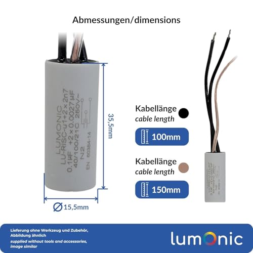 Lumonic I Suppression Capacitor 0.1µF 2x2.7nF 250VAC I 15x35mm I -40... +100°CI 3 Connection Cables I 0.1uF I EMC Capacitor I for Household Appliances, Power Tools, Building Technology, Industrial Applications,