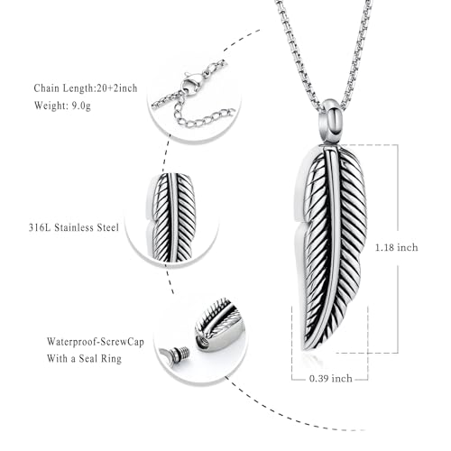 Oinsi Stainless Steel Feather Urn Necklace Hold Cremation Ashes Keepsake Memorial Jewelry +Box+Fill Kits Silver Tone