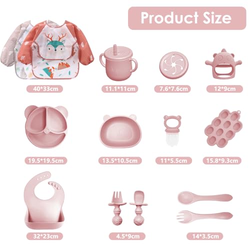 Silicone Baby Feeding Set, 14 Pcs Baby Led Weaning Supplies, Baby Spoons & Forks Suction Bowl Divided Plate Bib Cup, First Stage Solid Food Eating Utensils - 6+ Months (Light pink) Light Pink