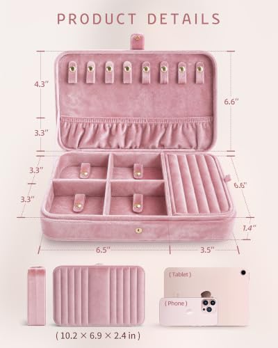 VELORIA Travel Jewelry Organizer with Hidden Compartment, Rose Pink Velvet
