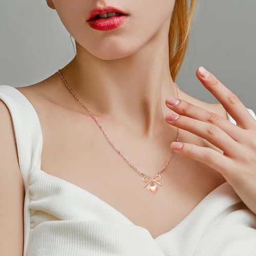 Imrsanl Bow Heart Urn Necklace for Ashes for Women Cremation Jewelry Loved Ones Funeral Memorial Ashes Holder Locket Stainless Steel Keepsake Pendant Rose Gold