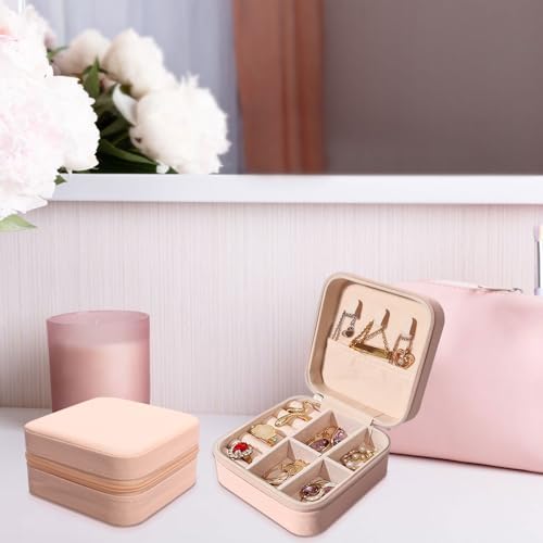 12 Pcs Small Travel Jewelry PU Leather Boxes Bulk, Portable Organizer Cases, Bridesmaid Gift Storage for Women and Girls Rings, Earrings, and Necklaces (Pink)
