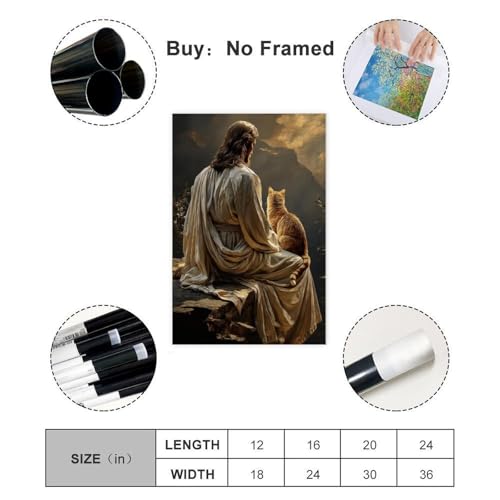 Jesus and Cat Wall Art Poster Unframed Christian Religious Home Decor Spiritual Painting for Cat Lovers Bedroom Living Room 12x18Inch 12"L x 18"W