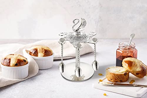 Decorative Swan Base Holder with 6 Spoons, Teaspoons, Coffee Dessert Spoons Set for Fruit, Stirring, Mixing, Sugar, Ice Cream, Cake (Silver) Silver