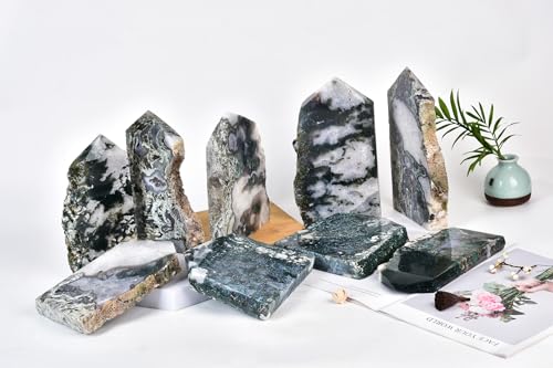 AMOYSTONE Moss Agate Crystal Point - 0.8-1.3 lb Natural Stone Carving for Meditation & Spiritual Decor 0.8-1.3 Pound