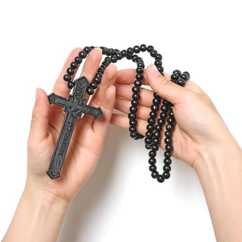 HZMAN Large Natural Wooden Crucifix Cross Necklace for Men Handmade Prayer Rosary Beads Necklace Pendant Catholic Jewelry Gift