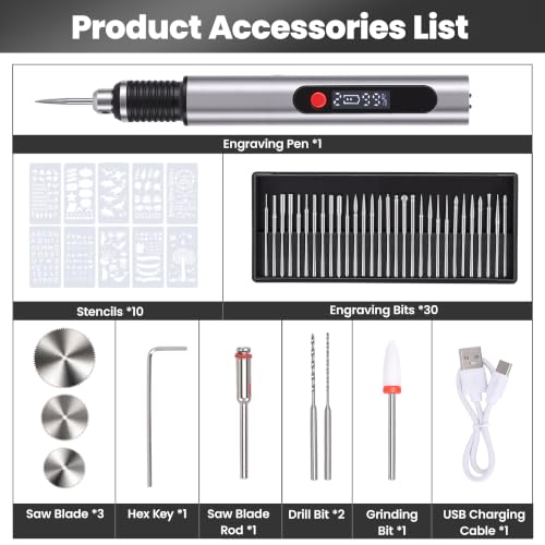 Electric Engraving Pen Kit, Engraving Tool Rechargeable Engraver Machine Silver