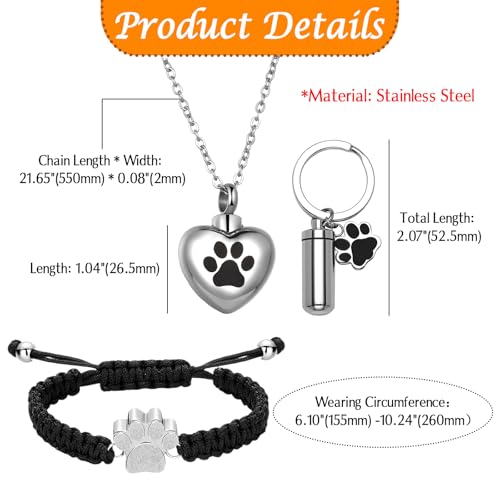 Cupimatch Pet Cremation Jewelry Set: 3 Pcs Stainless Steel Heart Pet Cats Dogs Urn Necklace Adjustable Paw Bracelet Memorial Ashes Keychain with Filling Kit