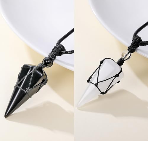 Top Plaza Mens Necklace Gemstone Crystal Protection Pendant Necklace, 2 Pcs Black Rope - Clear Quartz+Black Obsidian