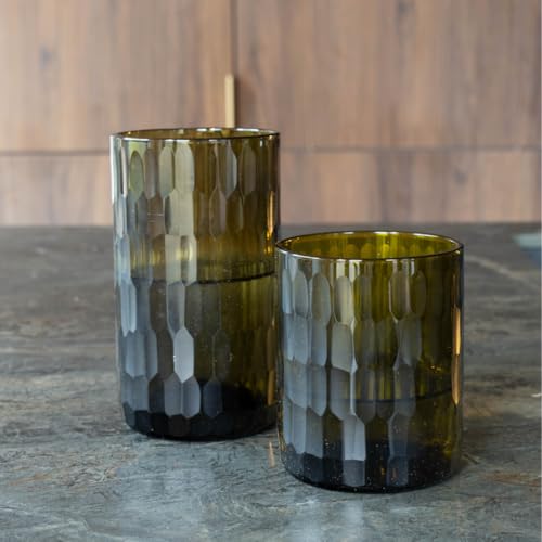 IWAS Upcycled Small Honeycomb Textured Drinking Glasses, Short, 8.45 oz / 250 ml, Set of 4 Olive Green Glasses, Handcrafted Sustainable Glassware Short 8.45 oz (Set of 4)