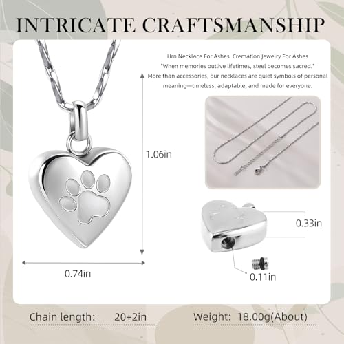 Paw Print Heart Urn Necklace For Ashes Cremation Jewelry For Pet Lovers Silver-Always In My Heart