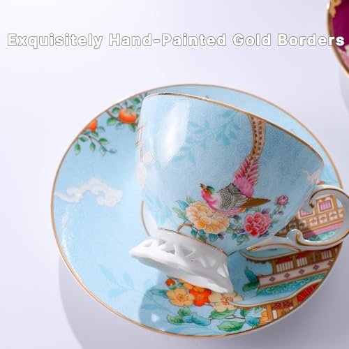 Blue Tea Cup and Saucer Set, Bone China Tea Cup and Saucer with Spoon, Porcelain Floral Teacup Set with Gold Trim, Dishwasher Safe, Food Grade, Gift for Women, Mom, Friends, 6.8 oz