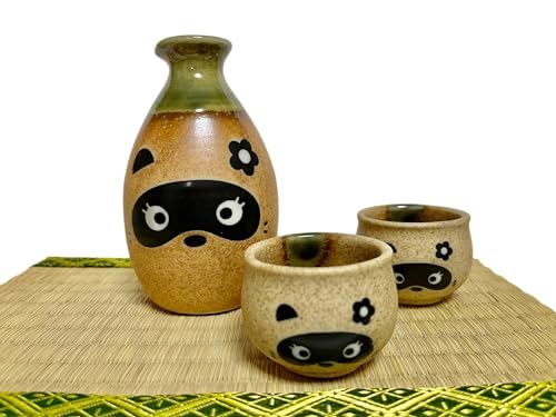 Japanese Mino Ware Ceramic Cute Girl Tanuki Raccoon Tokkuri(Sake bottle) & 2 Guinomi(Sake Cups) Made in Japan (Tanuki girl) Tanuki girl