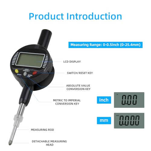 KWTAJIEQC digital dial gauge indicator, 25.4mm range, 0.01mm accuracy, metric and imperial display