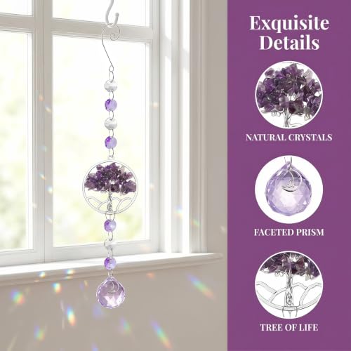 Crystal Gifts For Women, Sun Catchers For Windows, Spiritual Gifts, Tree Of Life Natural Chakra Healing Crystal Stone Purple