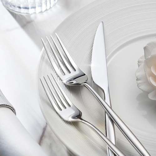 KINGSTONE 20-piece stainless steel silverware set for 4, includes forks, knives, spoons, and teaspoons in a sleek flatware design.