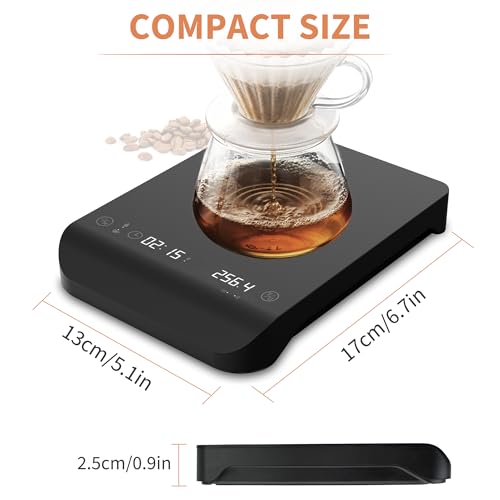 Coffee Scale with Timer for Espresso & Pour Over, 3kg/0.1g Precision Digital Scale, Auto Timing, Touch Control, LED Display, USB Type-C Rechargeable