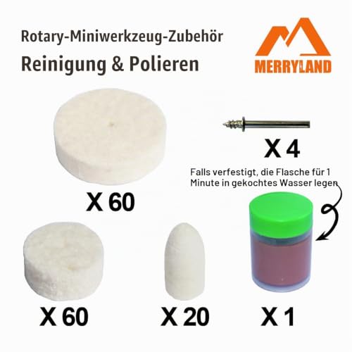Merryland 145 Pieces Wool Felt Polishing Disc Mixed Felt Disc for Dremel | 120 Polishing Wheels, Polishing Tips, 1 Polishing Paste, 4 3.17mm Mandrels, Polishing Set Mini Rotary Tool Accessories, RMTA145C1 1", 1/2", Bullet Felt Wheel 145pcs