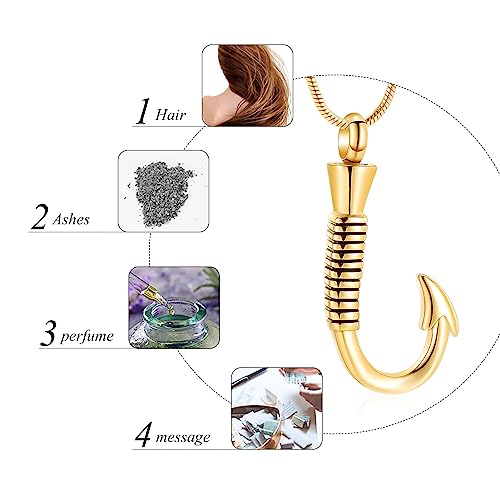 Urn Necklace For Ashes,Fishing Hook Urn Necklace for Ashes Fish Hook Stainless Steel Cremation Jewelry Memorial Pendant Keepsake for Men Gold