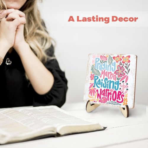 Inspirational Christian Religious Mama Mom Gifts Rustic Mothers Day Birthday Gifts for Women Mommy Motivational Desk Decor Decorative Wood Sign Plaque with Wooden Stand for Home Bedroom Table Shelf Pray Mama