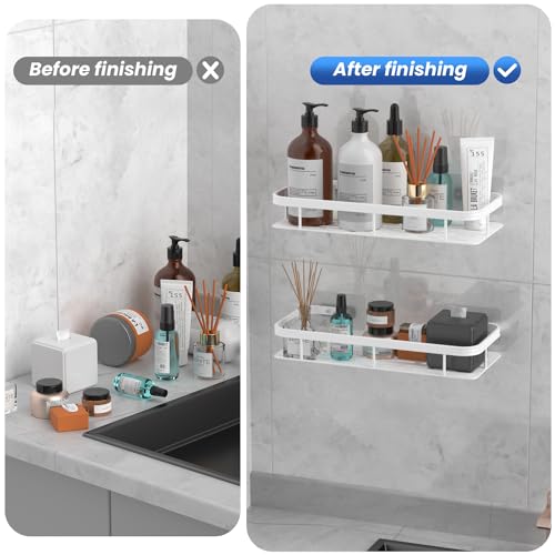 lanlord Wall Mounted Shower Caddy Shelf Organizer Rack,2 Pack No Drilling Adhesive Shower Shelves,Bathroom Shower Organizers and Storage,Save Space With Hooks,Apartment Essentials (White 2LWLT). White-2-L-WL-rectangle
