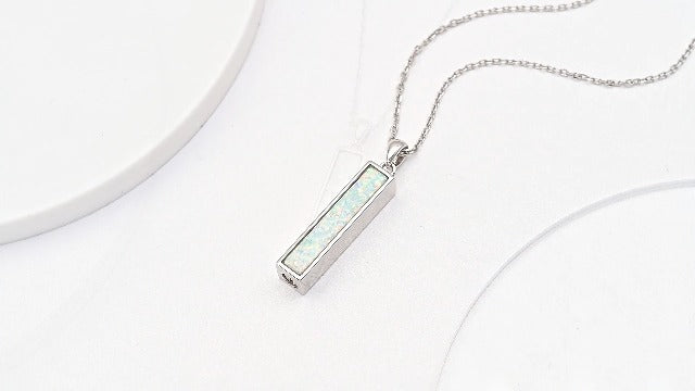 BEILIN Urn Necklaces for Ashes Sterling Silver Vertical Bar Pendant Necklace Cube Memorial Ashes Necklace Opal Cremation Urn Pendant for Women Opal vertical bar