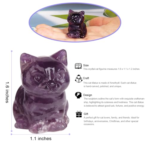 Crystal Cat Figurines Decor, 1.6 Inch Amethyst Crystal Kitten Statue Gift for Cat Lovers Collectors Women, Hand Carved Healing Stone Lucky Sitting Kitty Animal Sculpture Home Office Desk Decor Amethyst Cat