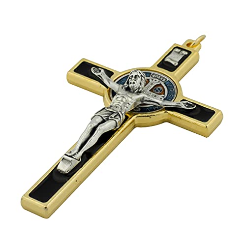 McVan Gold Toned with Black Epoxy Saint St Benedict Pectoral Crucifix Pendant, 3 Inch