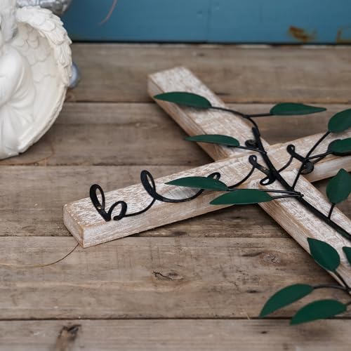 NIKKY HOME Wall Cross, Rustic Wooden Cross With Metal Leaves Blessed
