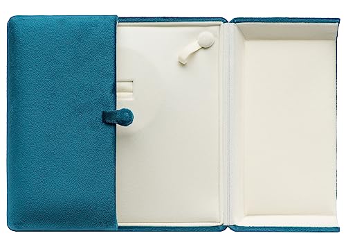 Blue velvet jewelry box from COWFEX for storing chunky pearl necklaces and rings, with a soft interior and secure lid.
