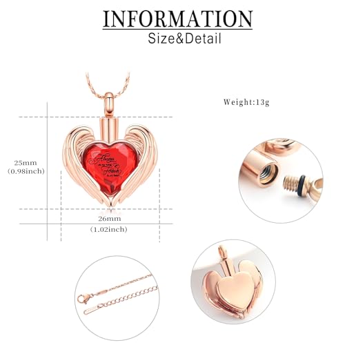 Cremation Jewelry for Ashes Pendant Crystal Heart Urn Necklace Keepsake Urn Memorial Pendant Ash Holder Rose-red-Always