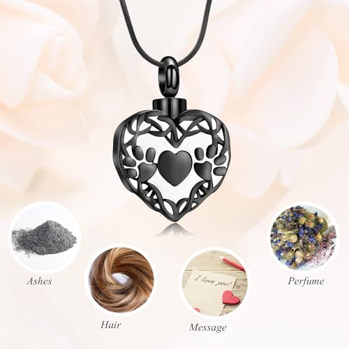 Minicremation Cremation Jewelry Heart Urn Necklace for Ashes with Double Paw Print Stainless Steel Love Heart Necklaces Memorial Ash Pendant Keepsake Jewelry Black