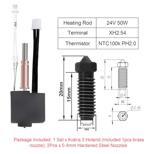 IdeaFormer Kobra 3 Extruder Hotend with 2Pcs 0.4mm Hardened Steel Nozzles, Extruder Print Head Heating Block Thermistor Kit Set for Anycubic Kobra 3/Kobra 3 Combo 3D Printer Accessories
