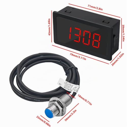 4 Digital Tachometer, Digital LED Tachometer, Motor Tachometer with Hall Proximity Switch Sensor NPN, Input 10-9999RPM Range, Speed Meter Panel for Car Display (Red)