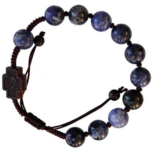 Sine Cera Sodalite Stone/Jujube Wood 1 Decade Catholic Rosary Bracelet with Double-sided Laser Engraved Centerpiece with Crucifix and Madonna with Child, Durable Adjustable Corded Design, Smooth Round 10mm Beads