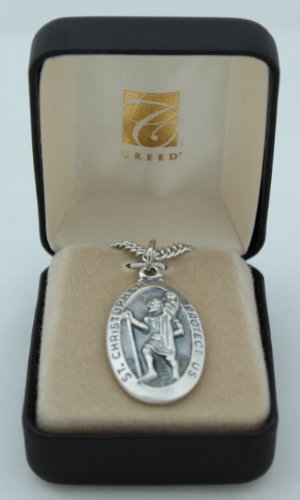 Fine Oxidized Silver Tone St Christopher 1-3/8-inch Medal on 24-inch genuine rhodium-plated chain with Gift Box (SO8747)
