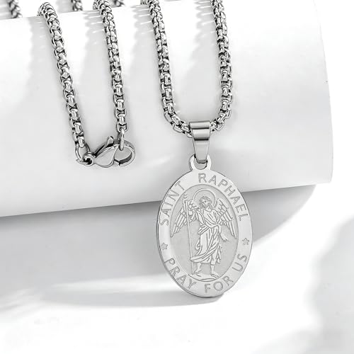 Patron Saint Medal Necklace for Men Women, Stainless Steel, 24" Silver Saint Raphael